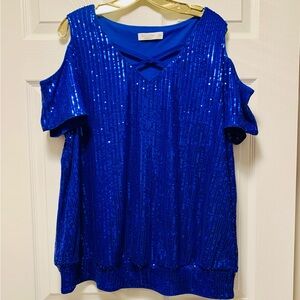 Blue Sequin Cold Shoulder Top
